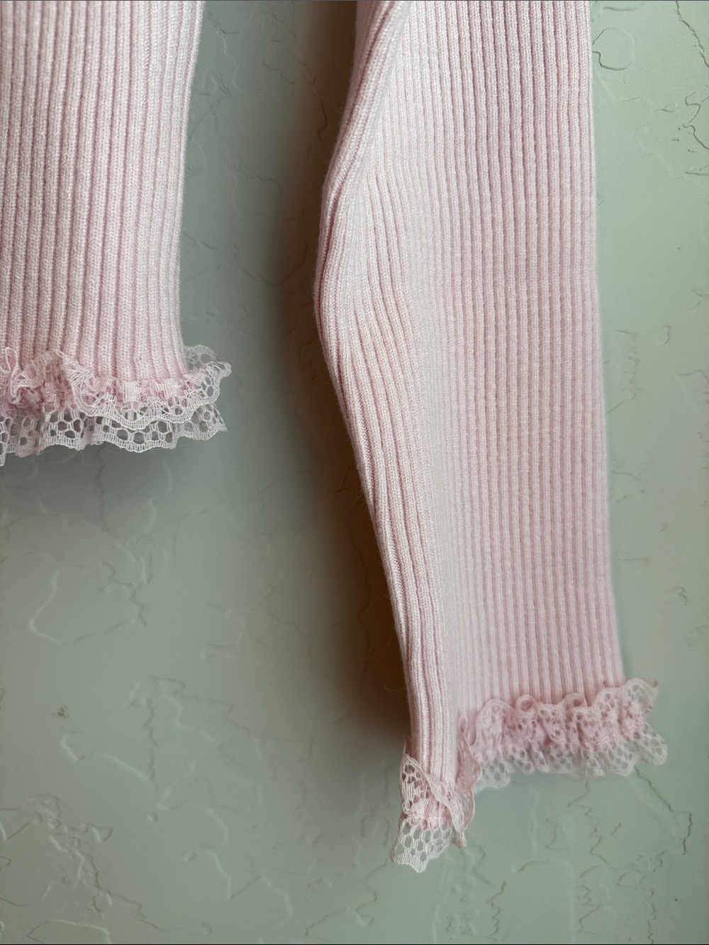 For Love & Lemons Nina Cardigan in Light Pink Ribbed Button with Lace Trim - Picture 7 of 9